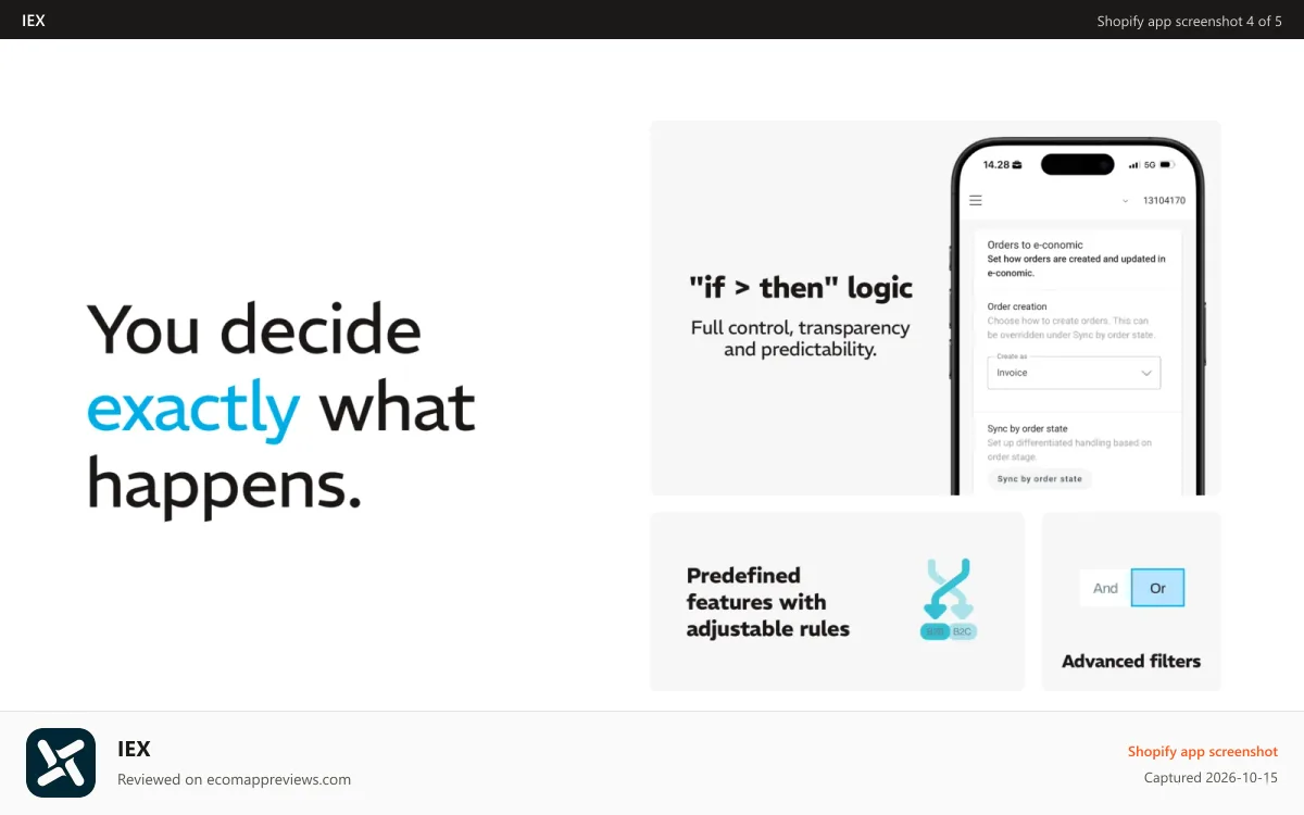 IEX Shopify app screenshot: You decide exactly what happens