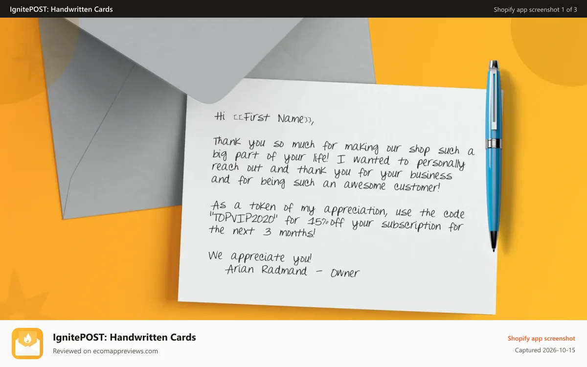 IgnitePOST: Handwritten Cards Shopify app screenshot: Mail Beautiful Personalized Handwritten Notes, Cards & Gift Card