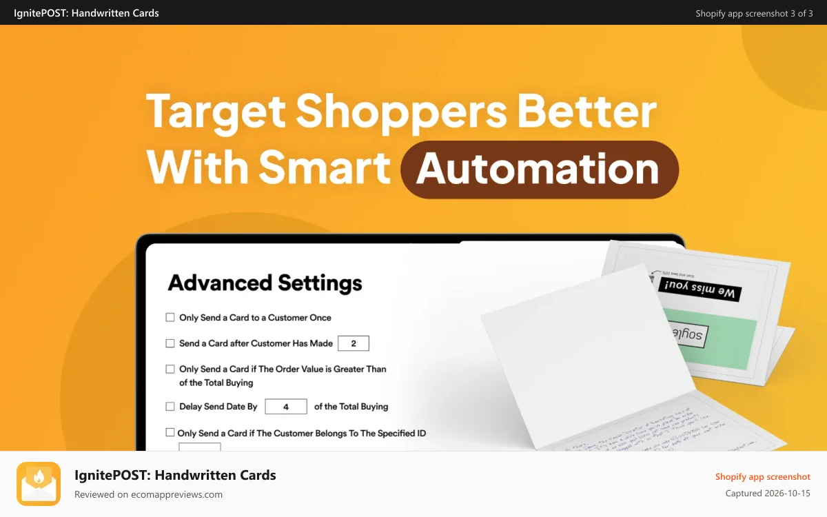 IgnitePOST: Handwritten Cards Shopify app screenshot: Use automated rules to personalize Direct Mail Notes and Cards