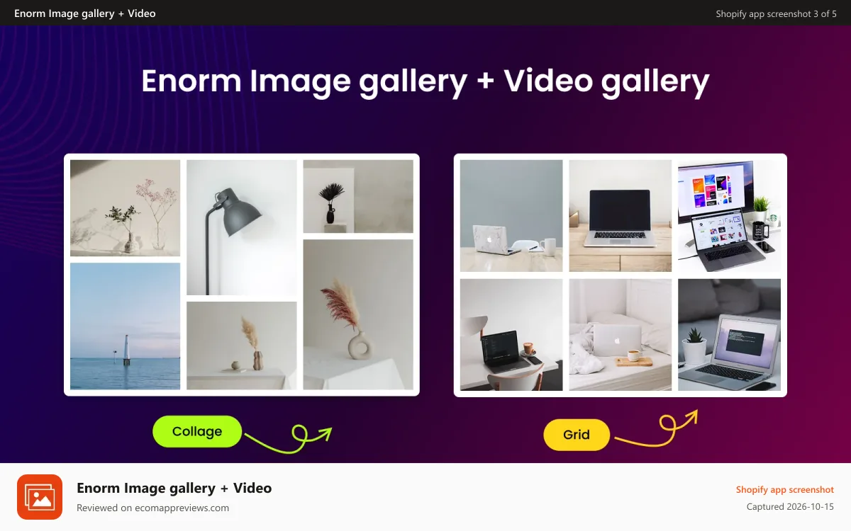 Enorm Image gallery + Video Shopify app screenshot: Image gallery + lookbook gallery + Video Gallery