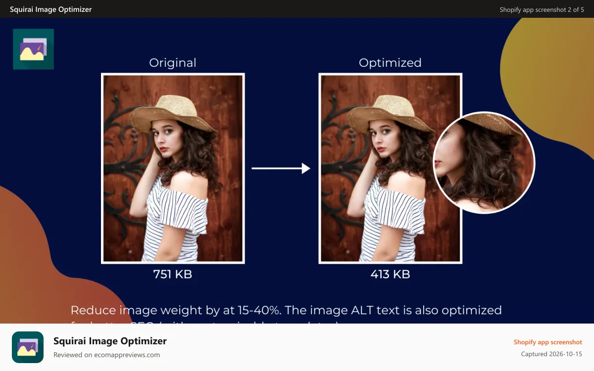 Squirai Image Optimizer Shopify app screenshot: Reduce image size by up to 50%