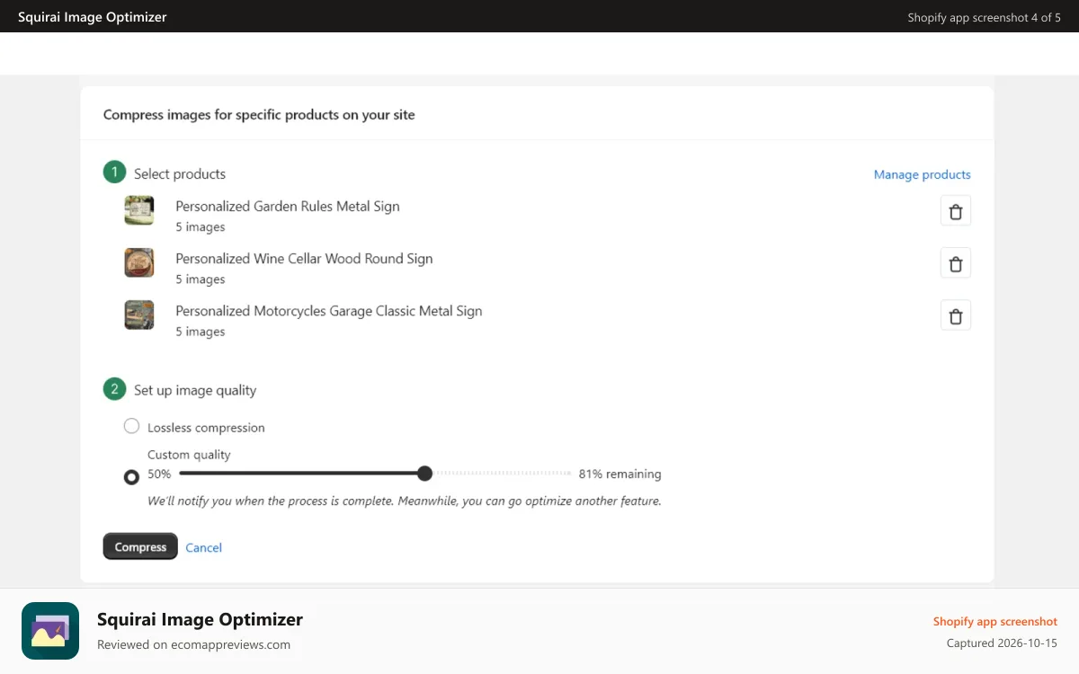 Squirai Image Optimizer Shopify app screenshot: Easy step-by-step instruction to optimize image