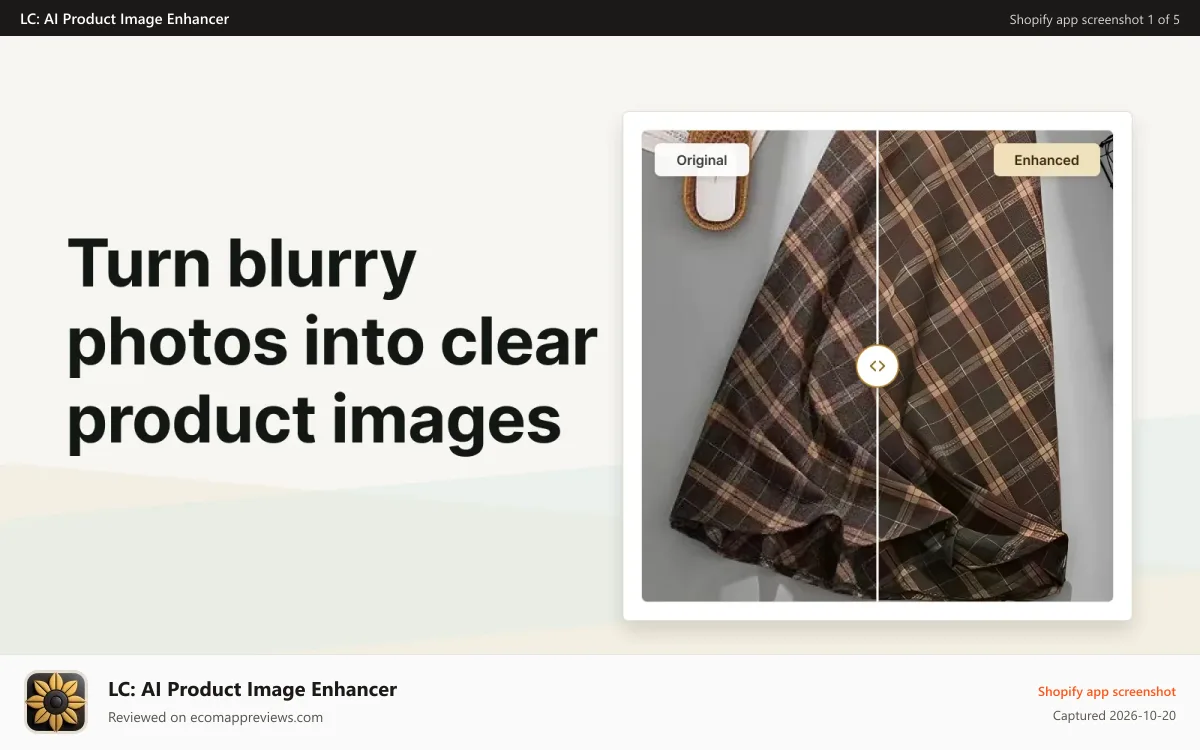 LC: AI Product Image Enhancer Shopify app screenshot: Before-and-after view of enhanced product image clarity