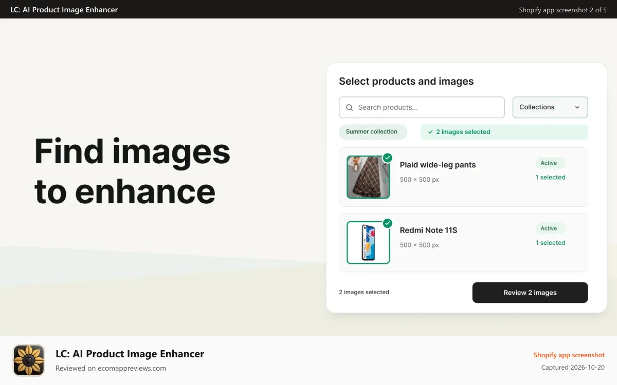 LC: AI Product Image Enhancer Shopify app screenshot: Product image selection for AI enhancement