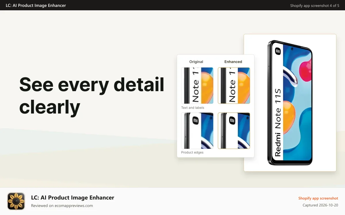 LC: AI Product Image Enhancer Shopify app screenshot: Close-up comparison showing clearer product image details