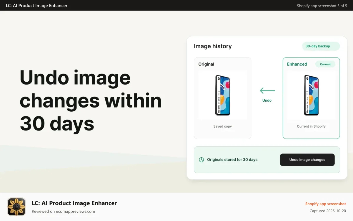 LC: AI Product Image Enhancer Shopify app screenshot: Undo enhanced product image changes within 30 days