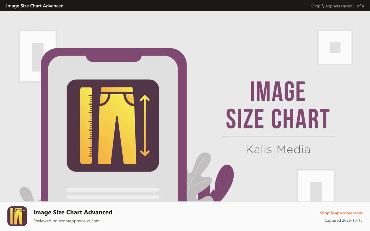 Image Size Chart Advanced Shopify app screenshot: Simple image-based size charts with links to pop-ups.