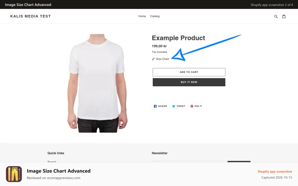Image Size Chart Advanced Shopify app screenshot: Product Page