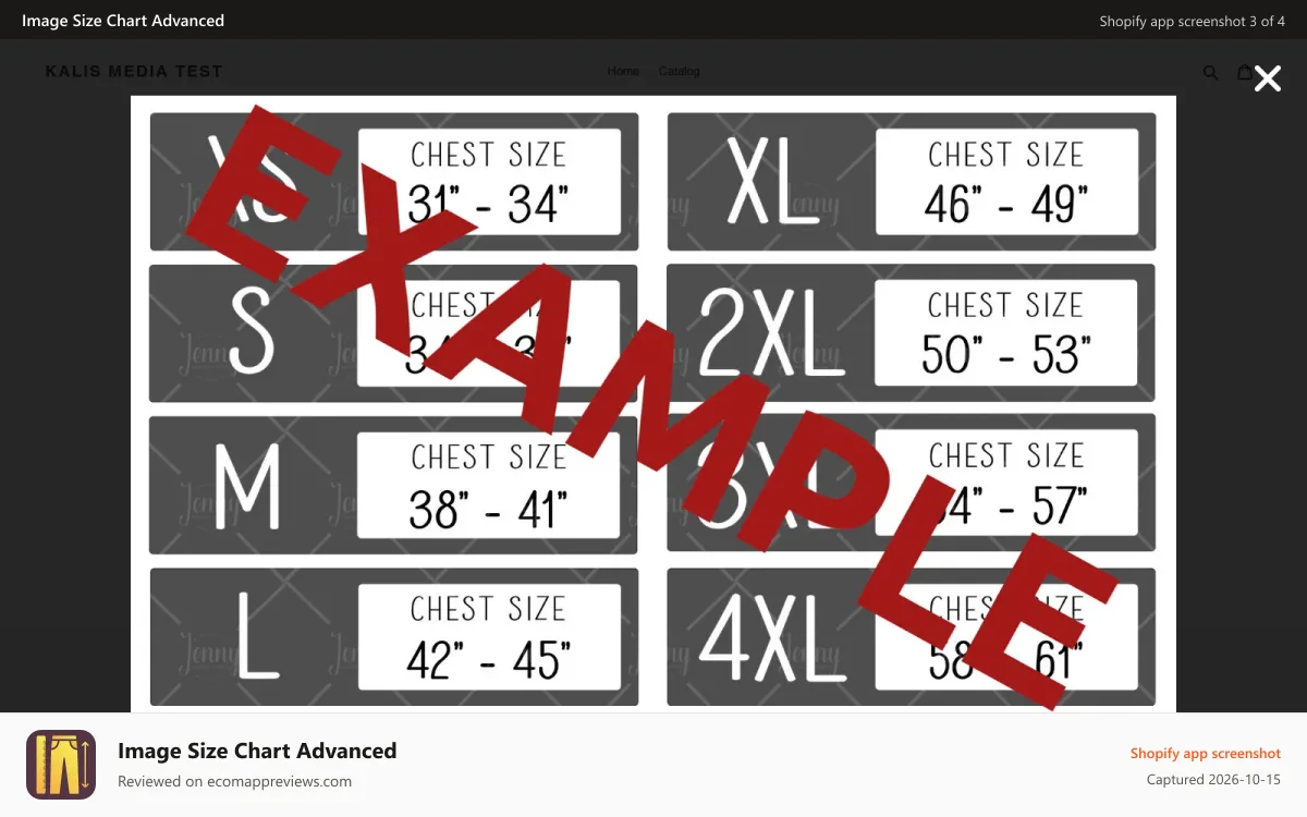 Image Size Chart Advanced Shopify app screenshot: Modal