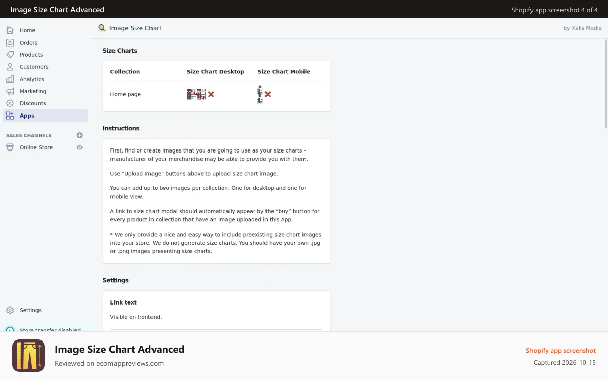 Image Size Chart Advanced Shopify app screenshot: App Settings