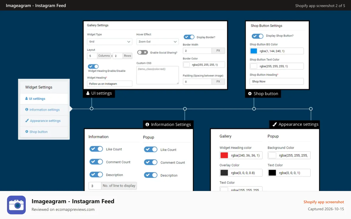 Imageagram ‑ Instagram Feed Shopify app screenshot: imageagram app settings for UI and gallery