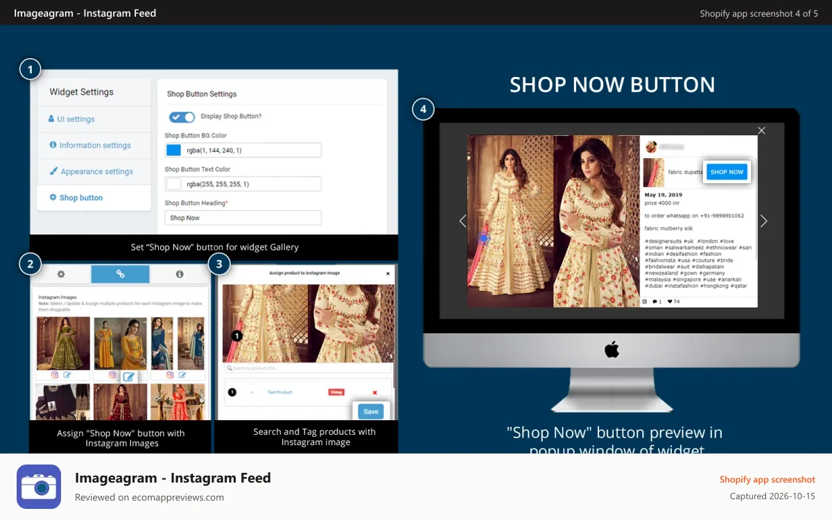 Imageagram ‑ Instagram Feed Shopify app screenshot: shop now button, tag products and much more