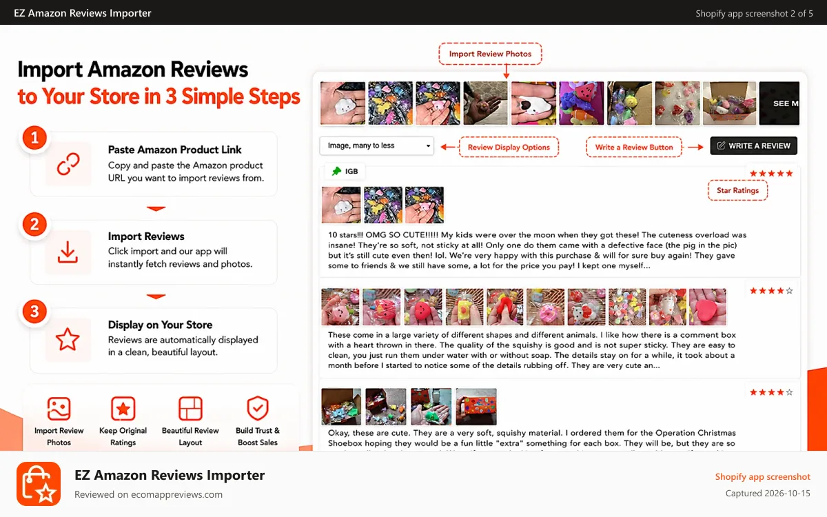 EZ Amazon Reviews Importer Shopify app screenshot: Review List on store
