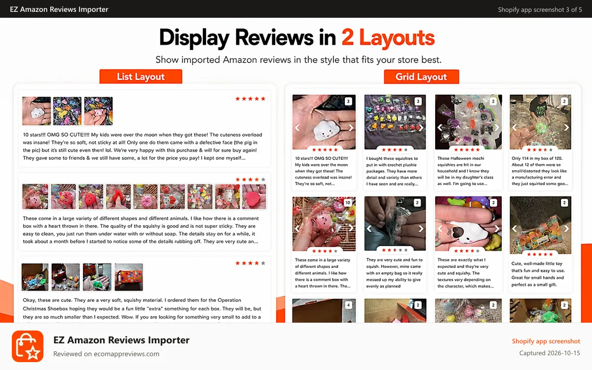 EZ Amazon Reviews Importer Shopify app screenshot: Review Layout