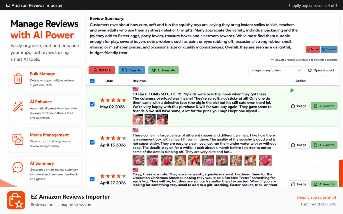 EZ Amazon Reviews Importer Shopify app screenshot: Manage Reviews