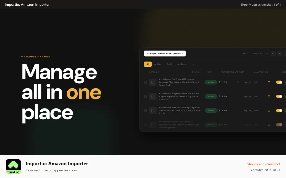 Importio: Amazon Importer Shopify app screenshot: Importio - Import Amazon Products