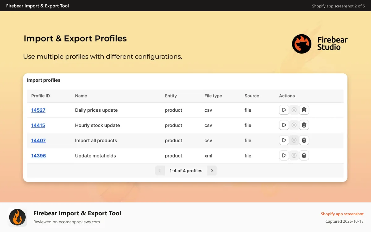 Firebear Import & Export Tool Shopify app screenshot: Use multiple profiles with different configurations