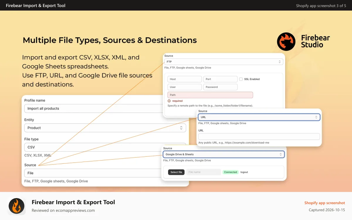 Firebear Import & Export Tool Shopify app screenshot: Import and export CSV, XLSX, XML, and Google Sheets, FTP, URL