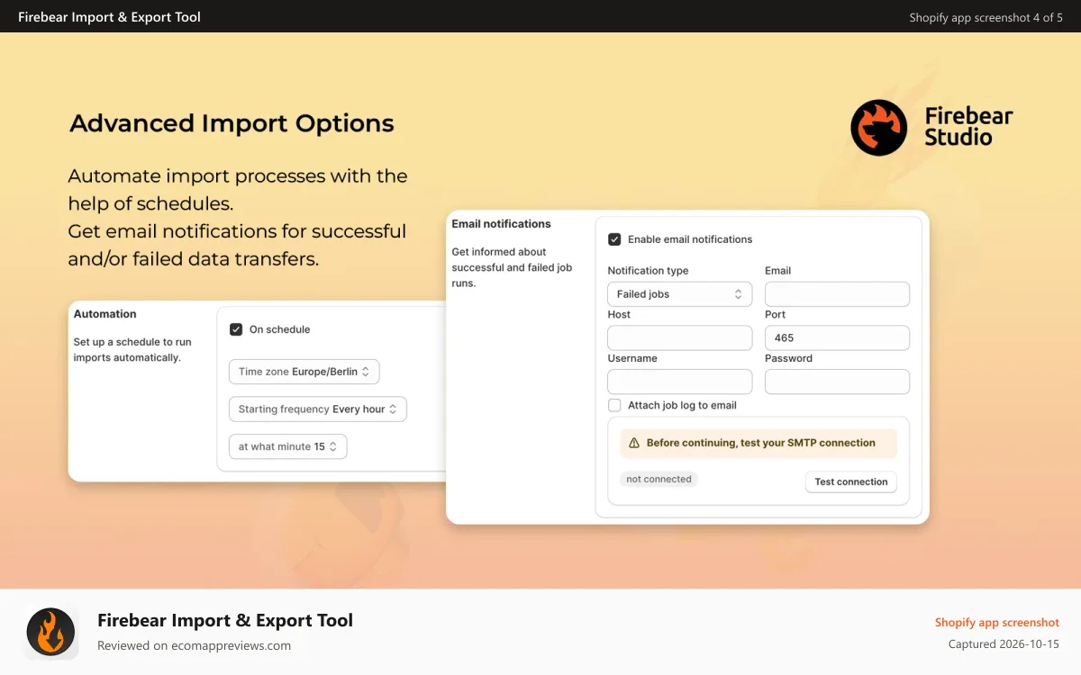 Firebear Import & Export Tool Shopify app screenshot: Automate import processes. Get email notifications.