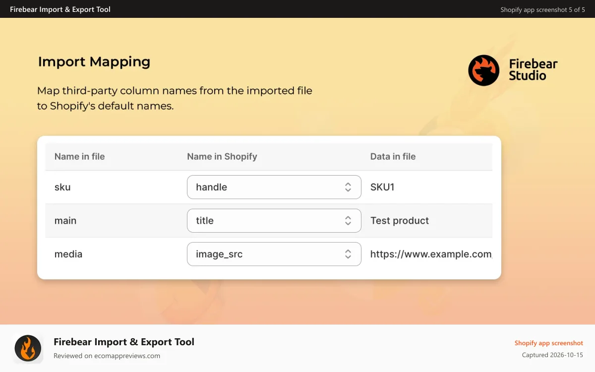 Firebear Import & Export Tool Shopify app screenshot: Map third-party column names from the imported file