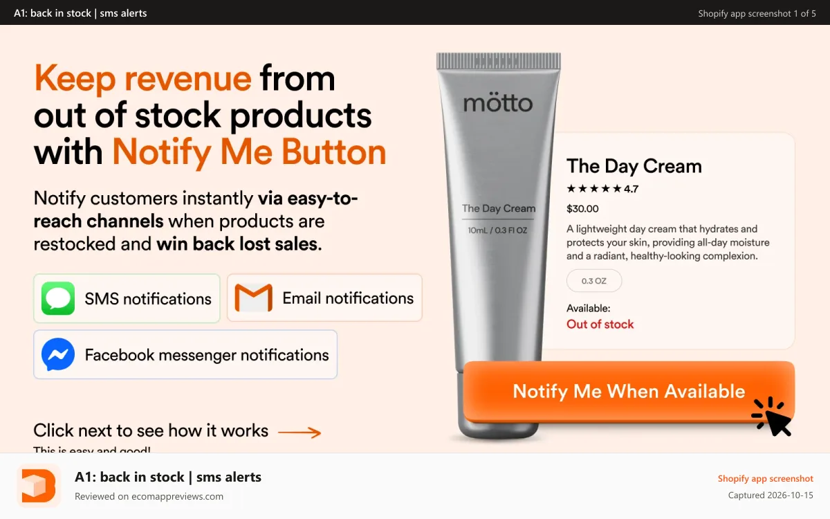 A1: back in stock | sms alerts Shopify app screenshot: back in stock notify me app