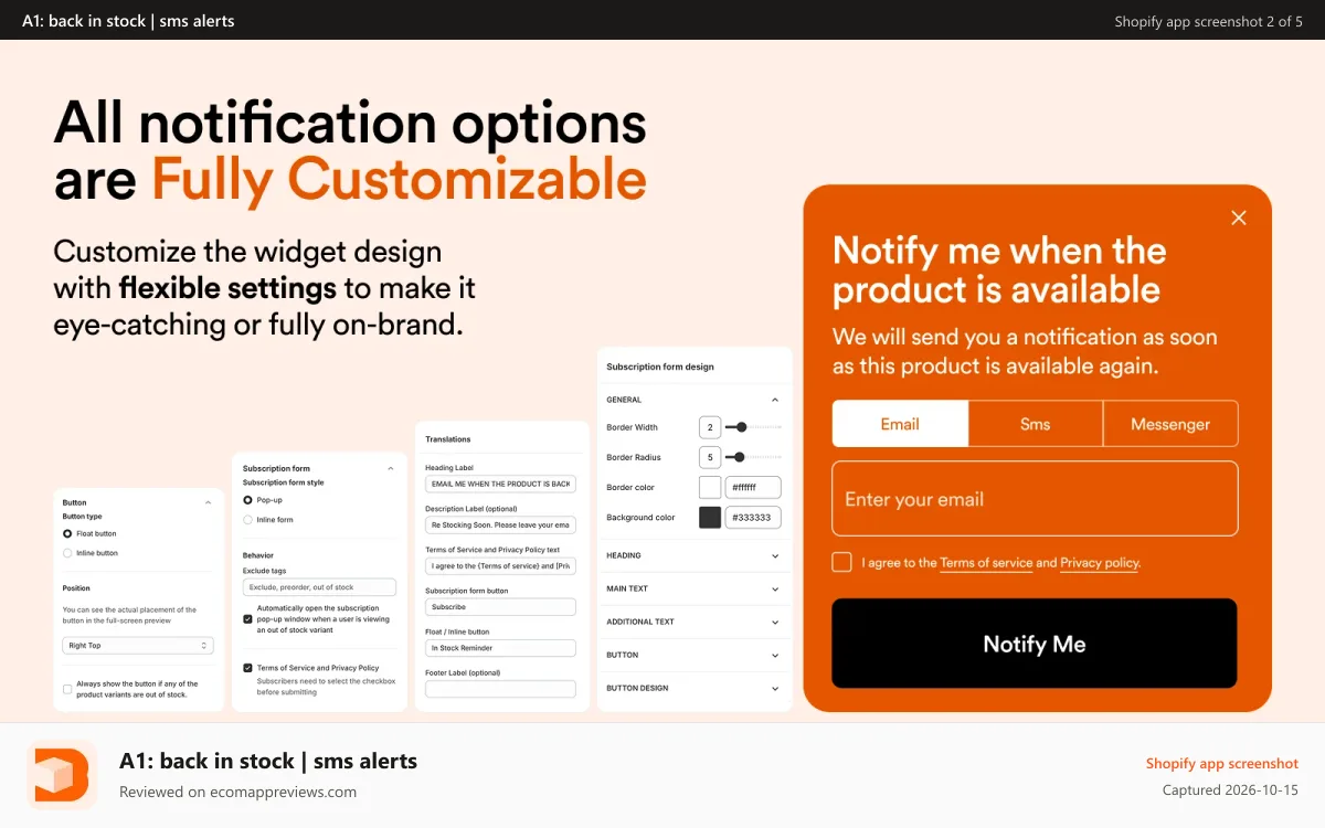 A1: back in stock | sms alerts Shopify app screenshot: back in stock shopify notifications