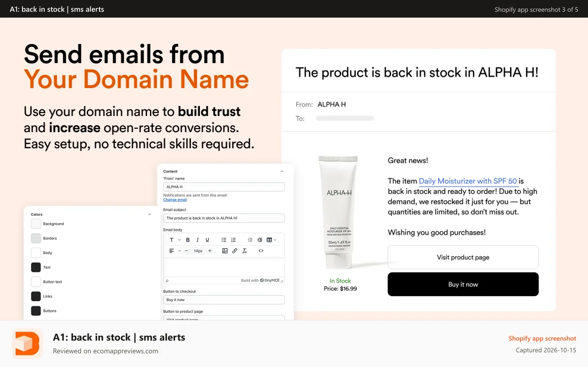 A1: back in stock | sms alerts Shopify app screenshot: shopify notify when back in stock from your domain