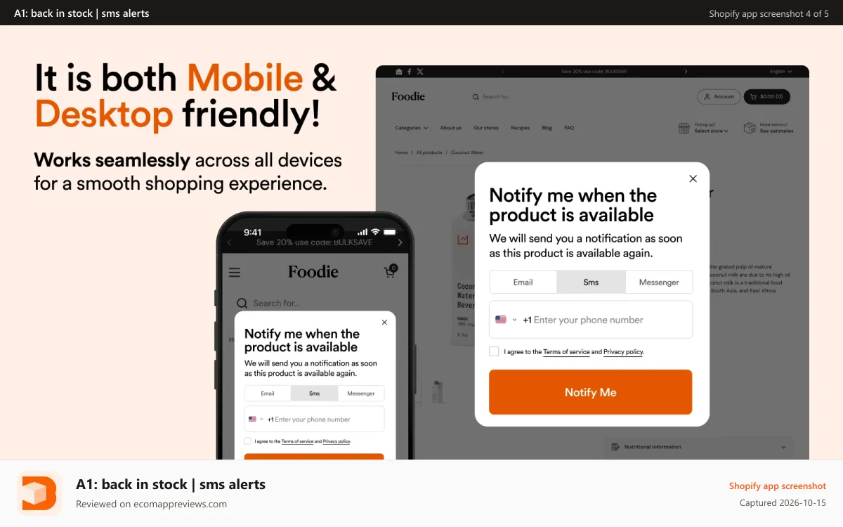A1: back in stock | sms alerts Shopify app screenshot: shopify back in stock notification adaptive for desktop mobile