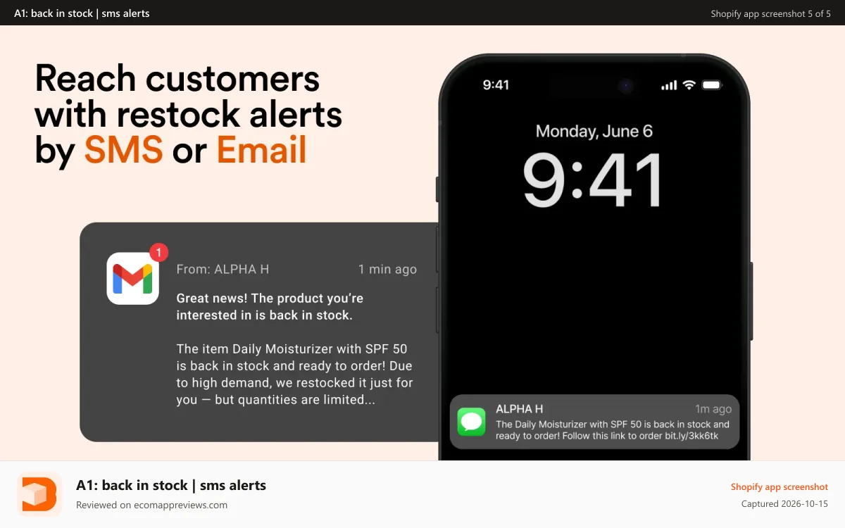 A1: back in stock | sms alerts Shopify app screenshot: shopify back in stock notifications via sms or email