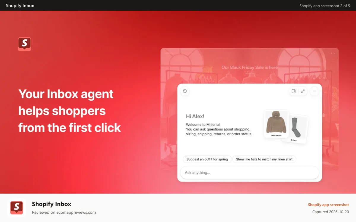 Shopify Inbox Shopify app screenshot: AI assistant greeting a shopper with product recommendations