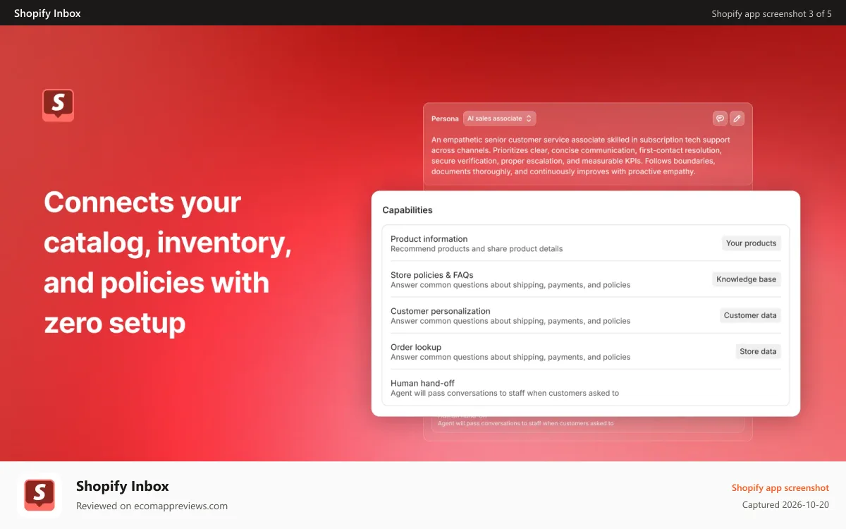 Shopify Inbox Shopify app screenshot: AI assistant connected to your catalog, policies, and orders