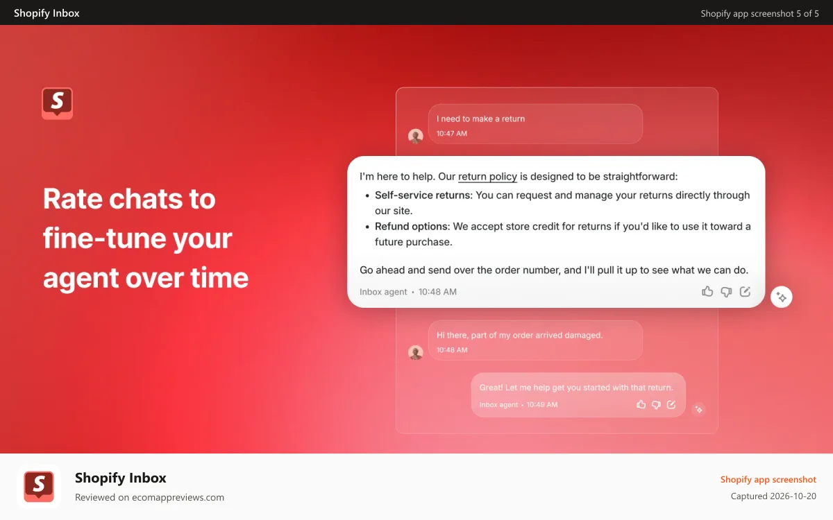 Shopify Inbox Shopify app screenshot: Shopper rating an AI chat reply to improve future answers
