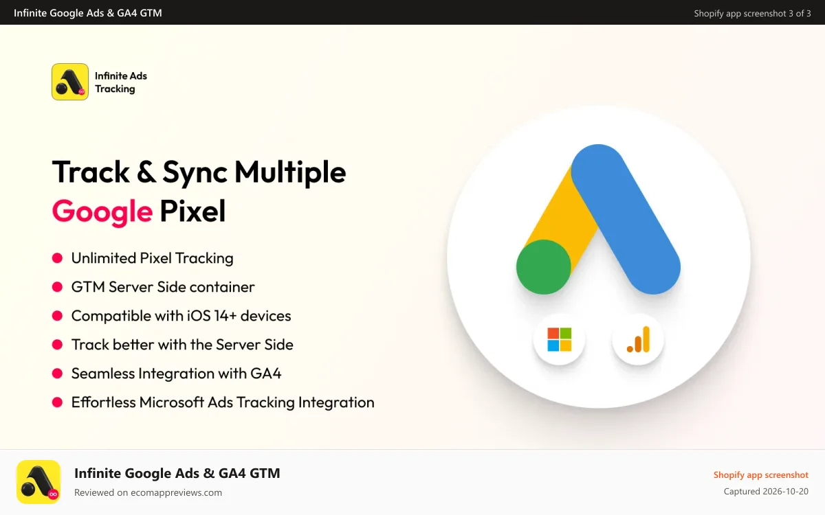 Infinite Google Ads & GA4 GTM Shopify app screenshot: Google Tag Manager. Google Conversion Tracking