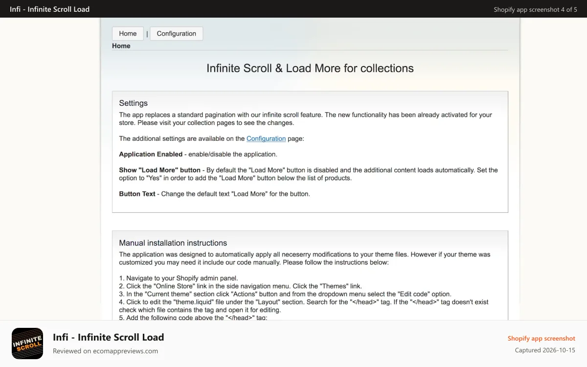 Infi ‑ Infinite Scroll Load Shopify app screenshot: Administration panel