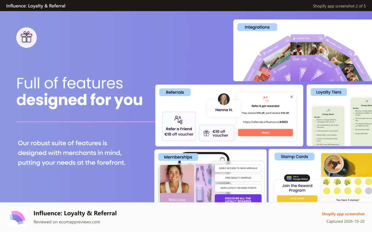 Influence: Loyalty & Referral Shopify app screenshot: Full of features designed for you