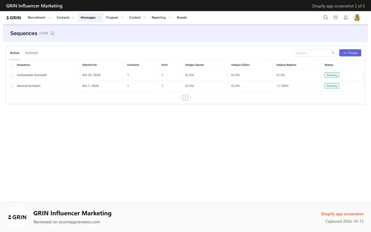 GRIN Influencer Marketing Shopify app screenshot: Communicate at scale with email templates and sequences