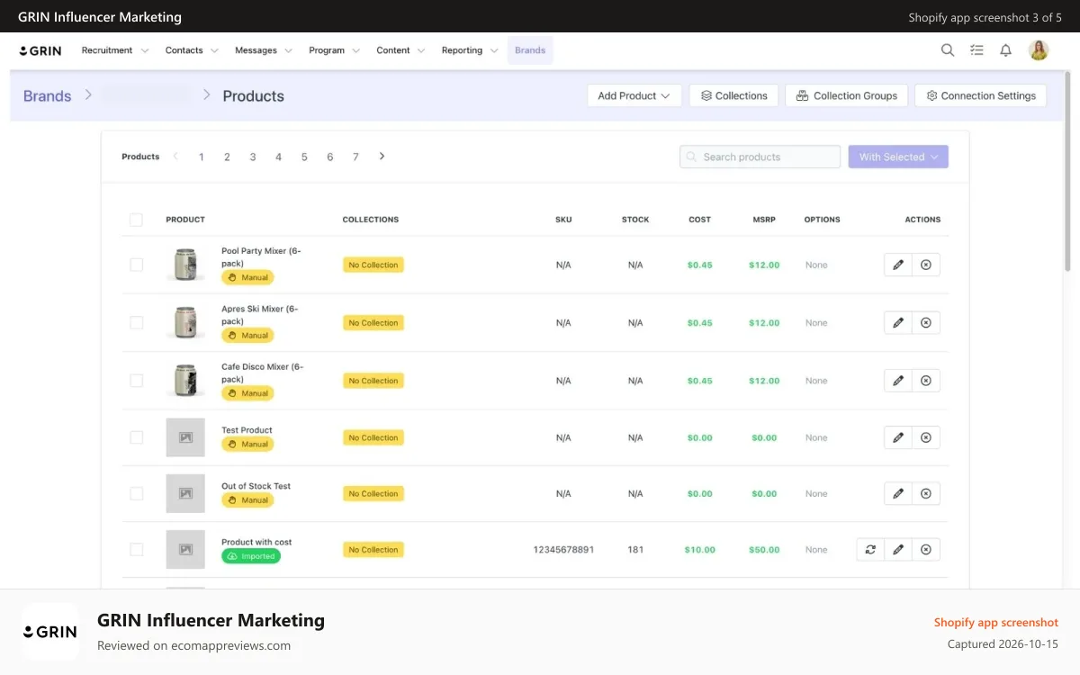 GRIN Influencer Marketing Shopify app screenshot: Sync products, stock, and more to serve up choices to creators