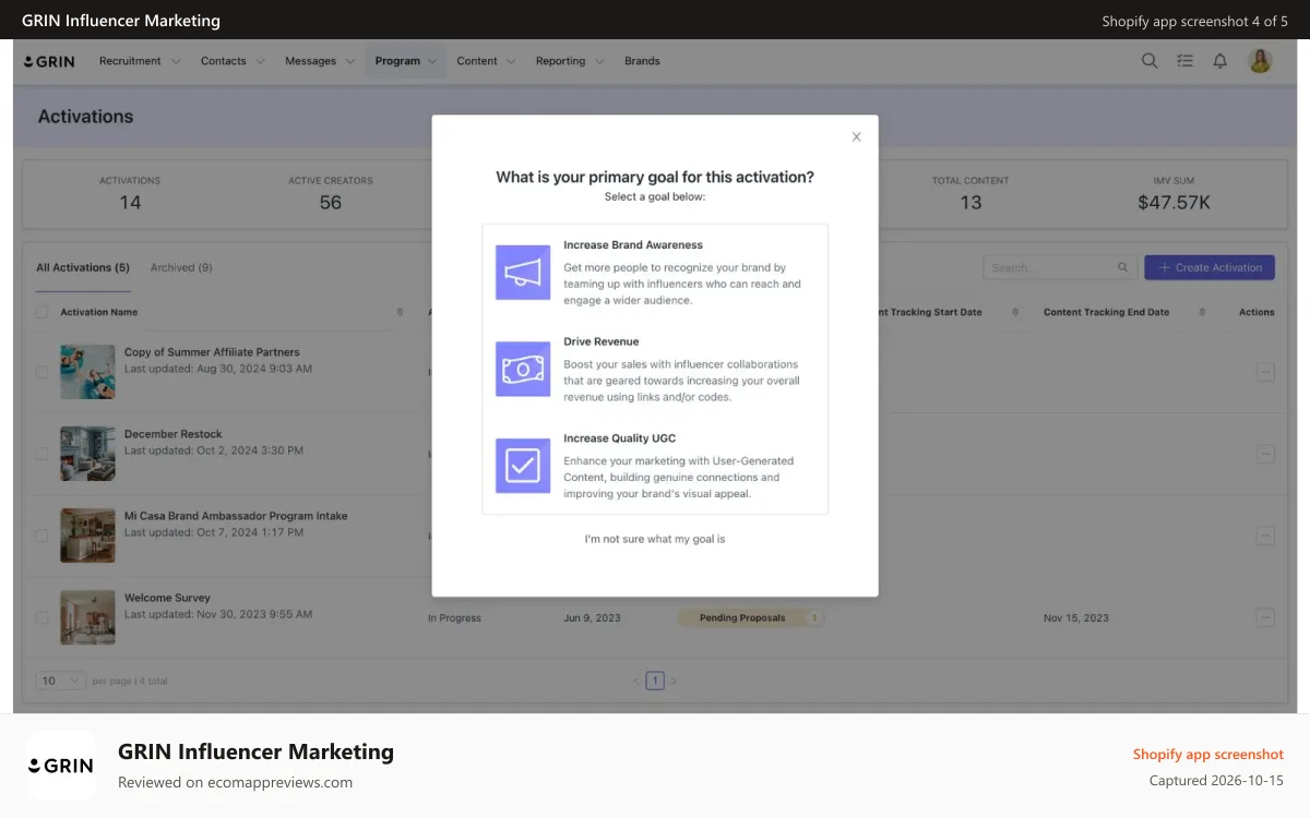 GRIN Influencer Marketing Shopify app screenshot: Manage your campaigns end-to-end with customizable settings