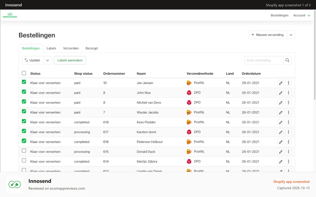 Innosend Shopify app screenshot: Importeer alle orders en verwerk met één klik op de muis