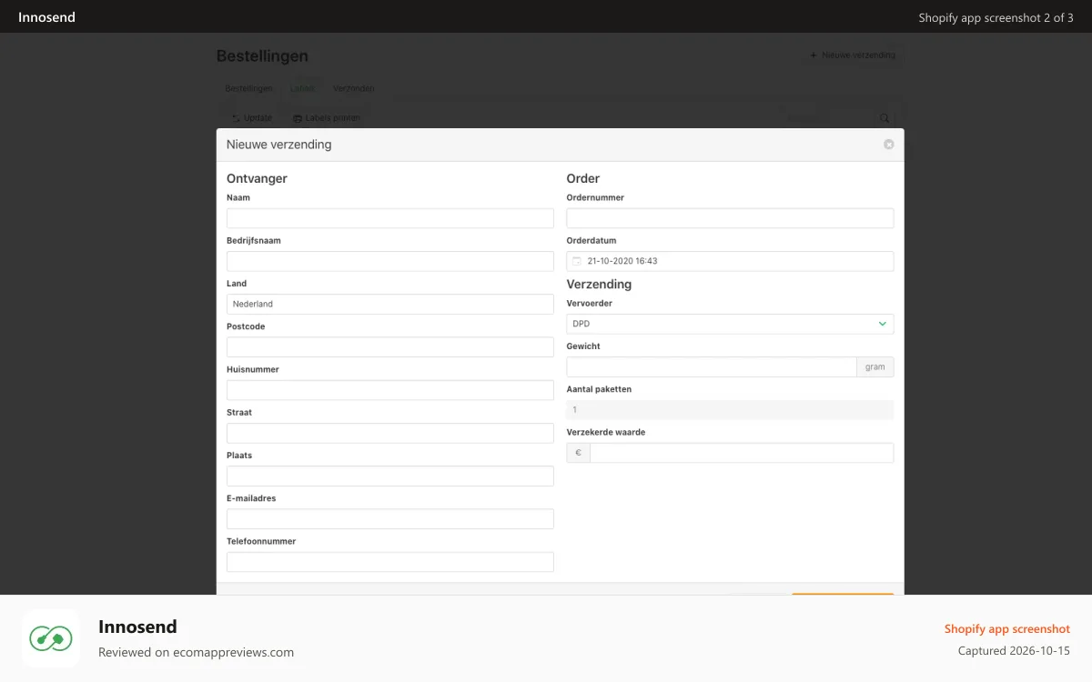 Innosend Shopify app screenshot: Voeg handmatig en bulk verzendingen toe