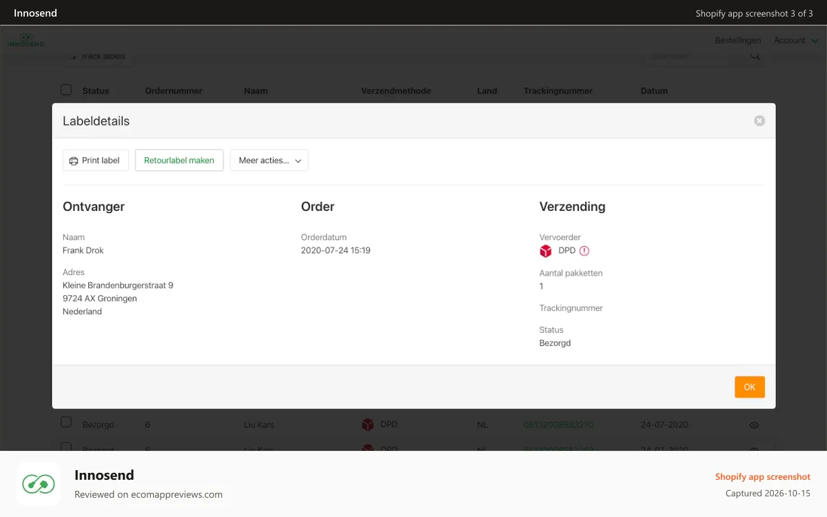 Innosend Shopify app screenshot: Eenvoudig retouren verwerken voor betere klantenservice