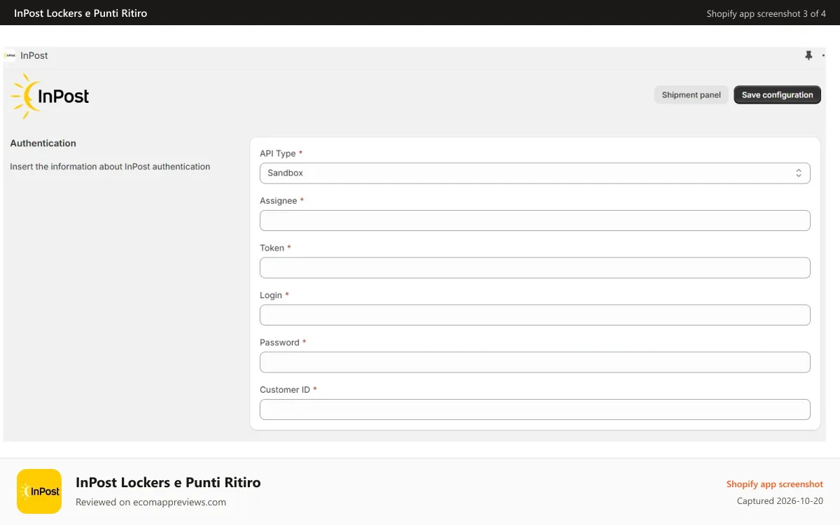 InPost Lockers e Punti Ritiro Shopify app screenshot: configuration