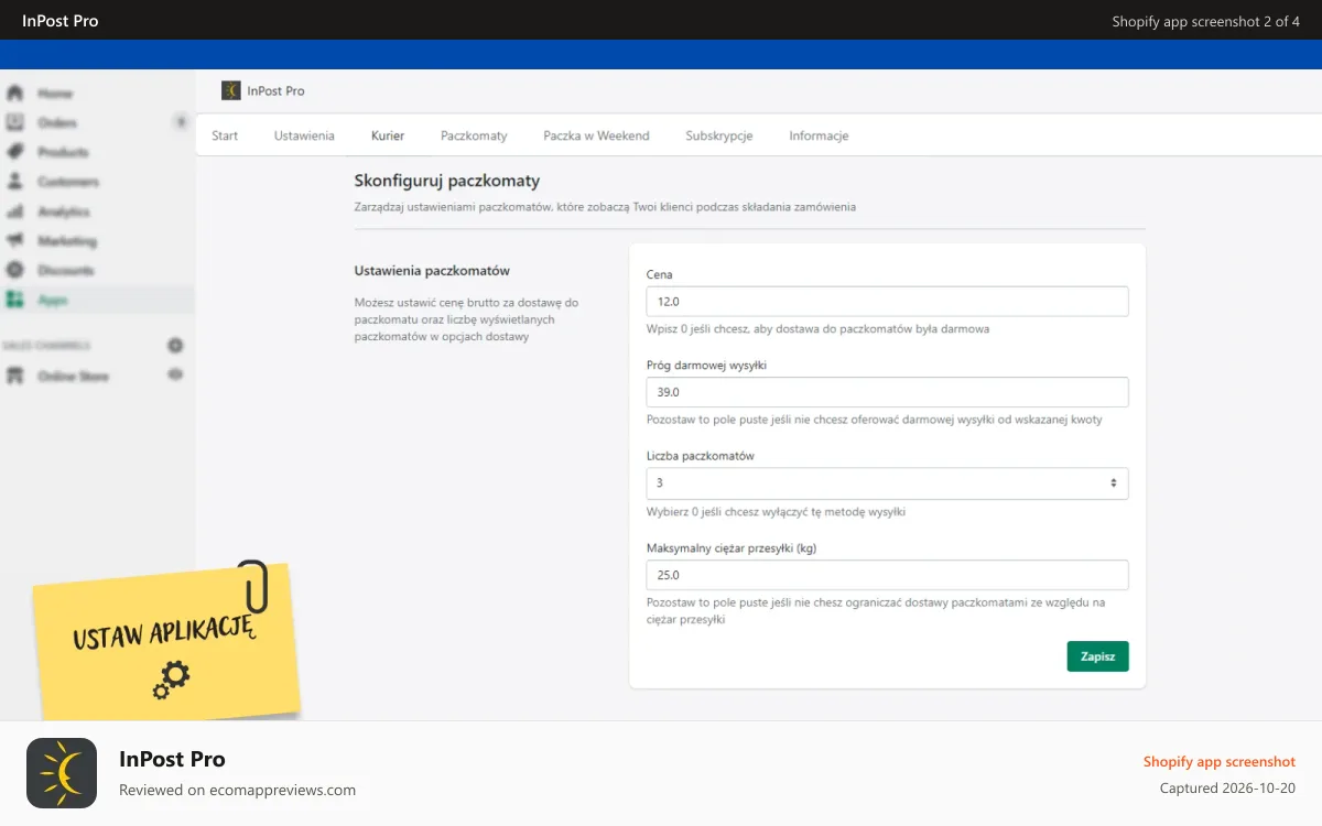 InPost Pro Shopify app screenshot: Ustawienia aplikacji | App settings