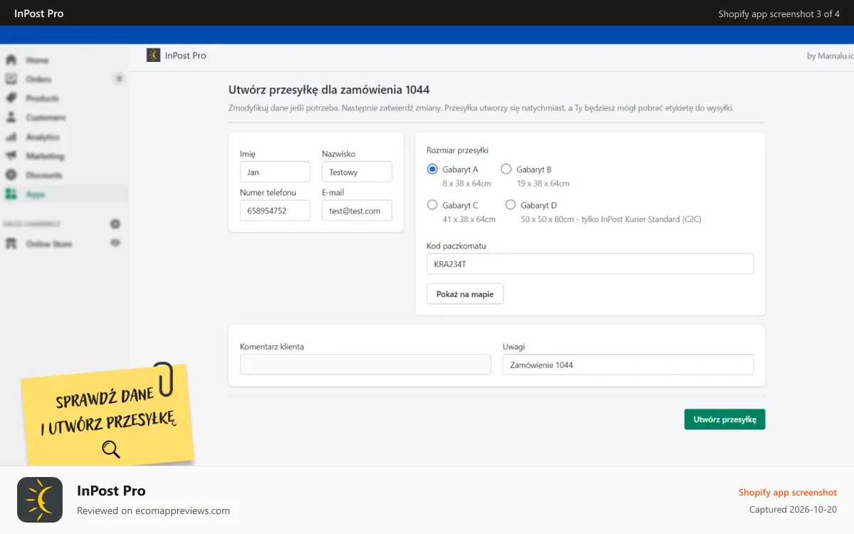 InPost Pro Shopify app screenshot: Edycja danych przewozowych | Shipping data editor