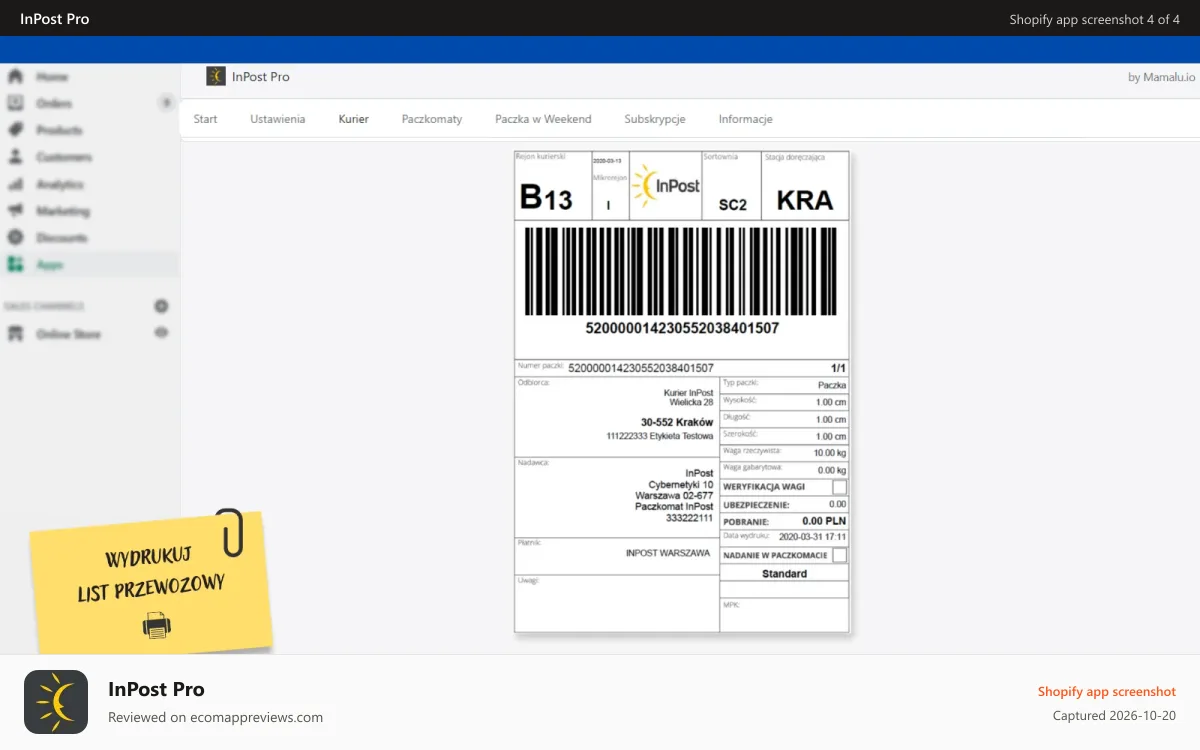 InPost Pro Shopify app screenshot: Gotowy list przewozowy | Shipping document ready to print