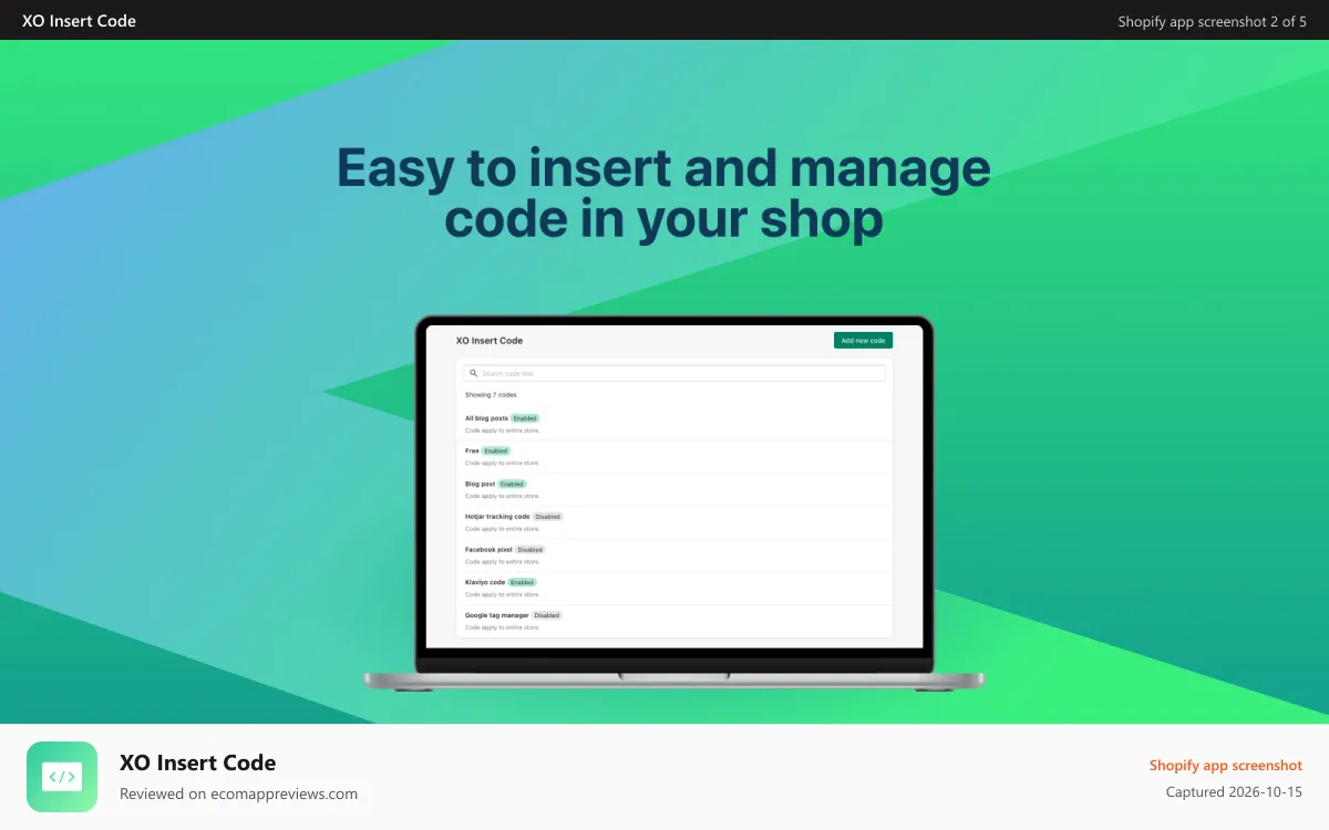 XO Insert Code Shopify app screenshot: App dashboard