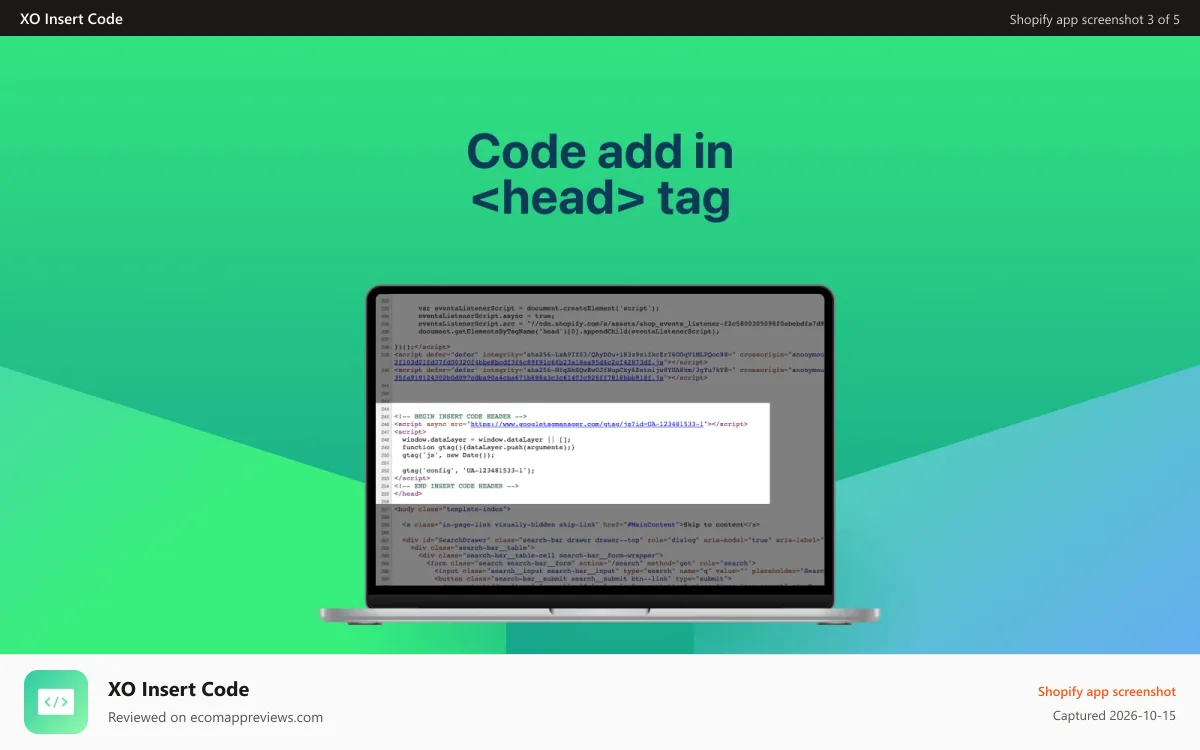 XO Insert Code Shopify app screenshot: Code add in <head> tag