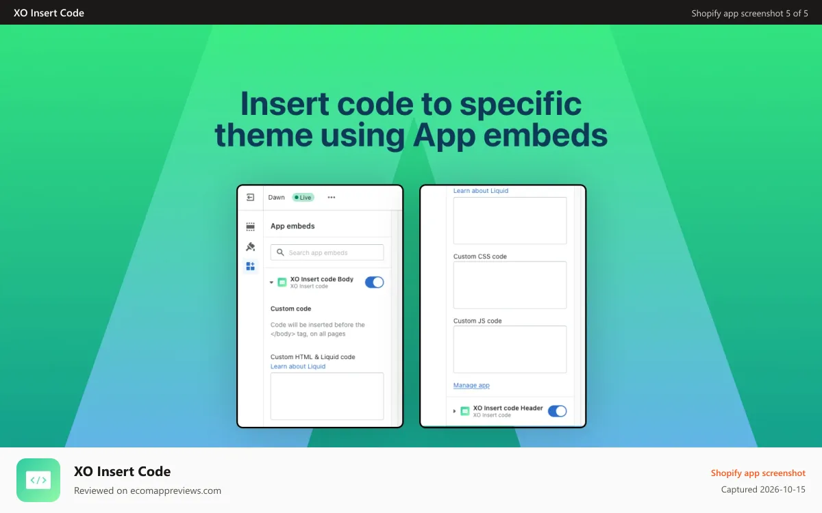 XO Insert Code Shopify app screenshot: Insert code to specific theme