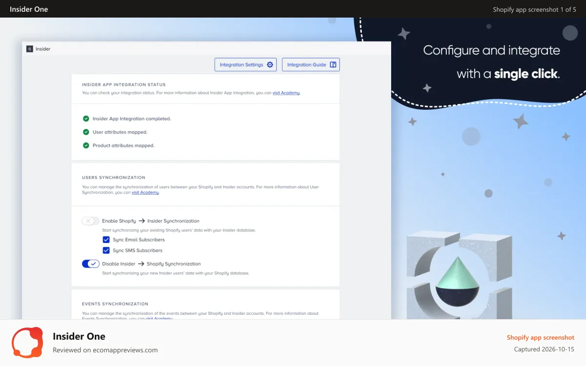 Insider One Shopify app screenshot: Configure and Integrate with a single click