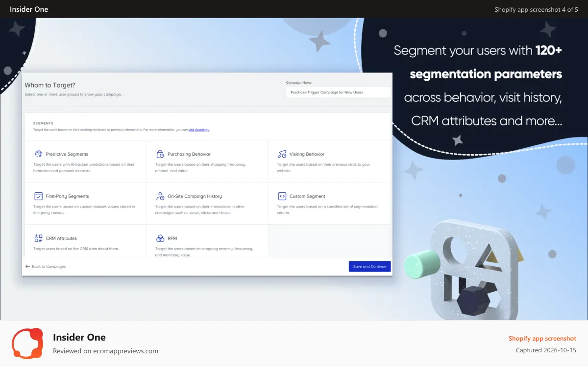 Insider One Shopify app screenshot: Segment your customers with 120+ parameters